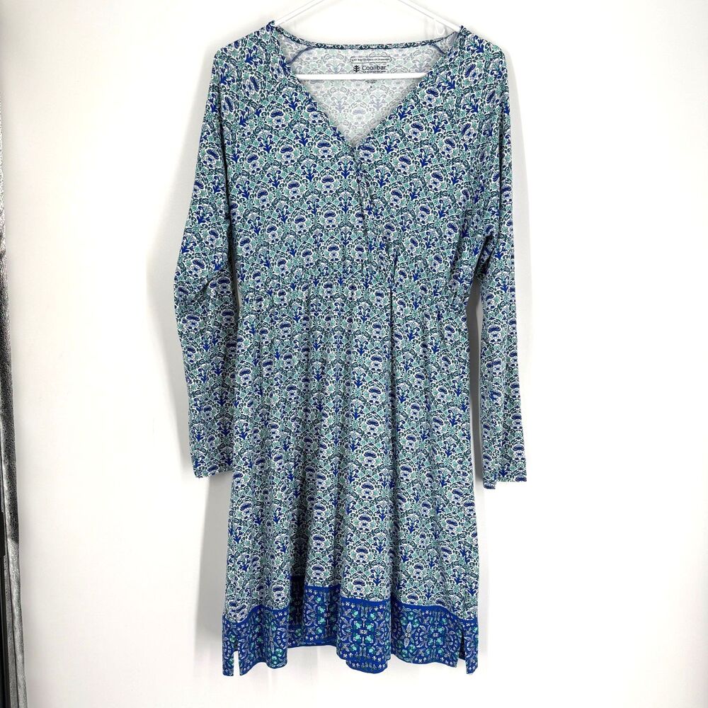 Coolibar UPF 50+ Floral Long Sleeve Faux Wrap Dress Blue Coastal Beach Size L